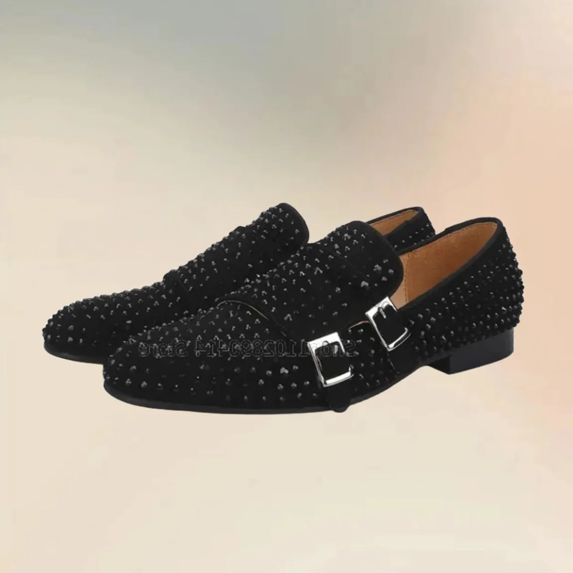 Silver Buckle Black Rivets Decor Double Monk Loafers Fashion Slip On Men Casual Shoes New Handmade Party Banquet Men Dress Shoes