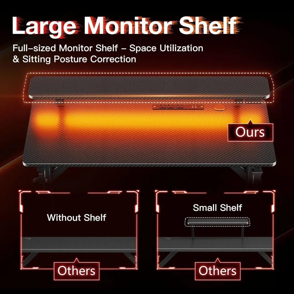 Meja Permainan Kecil 32 Inci dengan Lampu LED & Stopkontak, Meja Permainan Meja Komputer dengan Rak Monitor, Meja Gamer