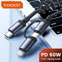 Toocki 2 in 1 PD 60W Type C Cable For iPhone 15 Pro Samsung S23 Xiaomi 2.4A Fast Charging USB Car Spring Cable For iPhone 14 13