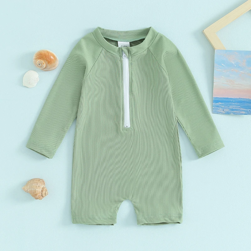 Combinaison à manches longues et col rond pour bébé garçon, maillot de bain uni avec fermeture éclair sur le devant, tenue de bain imbibée