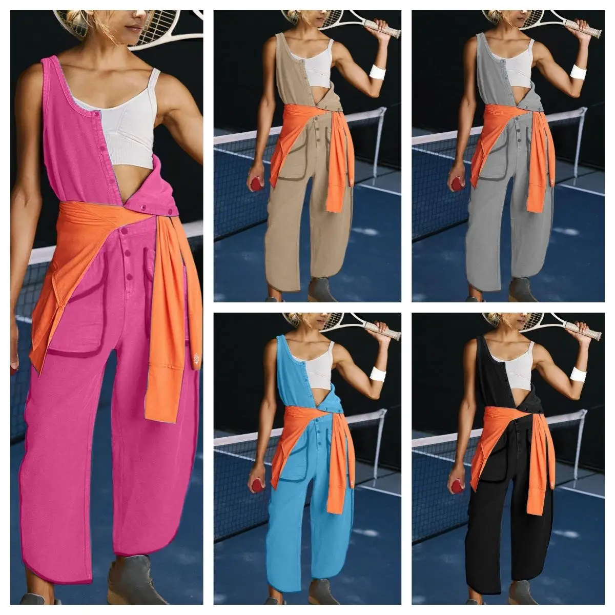 

Женский комбинезон с эластичным поясом, застежкой на кнопки, длинными брюками, из полиэстера, средней посадки, летний, модный, цельный костюм для женщин