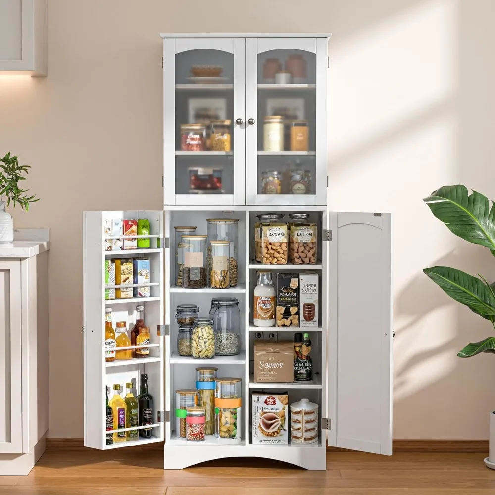 

64" Kitchen Pantry Cabinet, Tall Storage Cabinet with Glass Doors and Adjustable Shelves, Freestanding Floor Cabinet Cupboard
