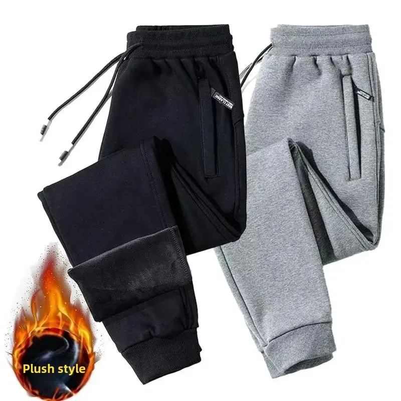 Men's Casual Fleece-Lined Thickened Sweatpants 2024 Spring Autumn Winter Trendy Straight-Leg Warm Trousers