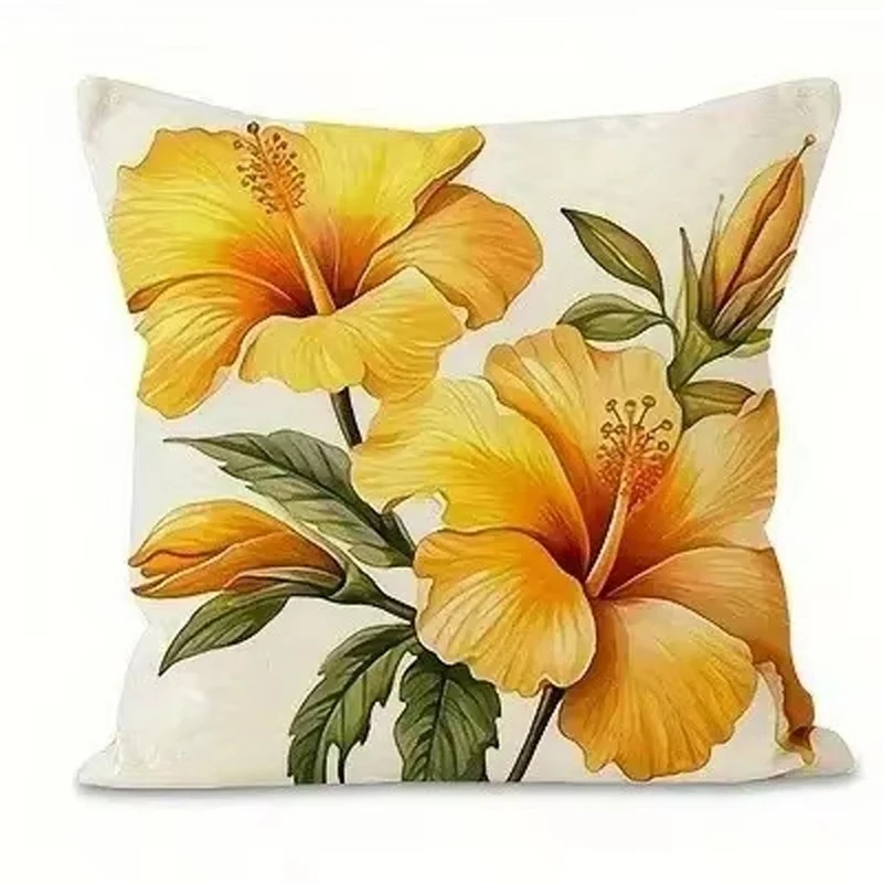 Yellow Hibiscus Floral Sofa Bedroom Cushion Cover Single-Sided Printed Pillowcase without Pillow Core