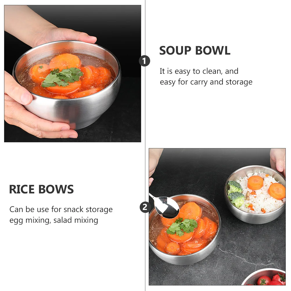 

2pcs Stainless Steel Bowl 14Cm Double Layer Ramen Soup Bowls Heat Insulation For Noodle Rice Salad Serving Kitchen Food Supplies