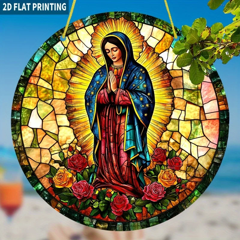 2D Flat 1pc, Serene Virgin Mary Sun Catcher, 7.87x7.87 Inch Round Acrylic Sign with Colorful Stained Glass Design - Peaceful Atm