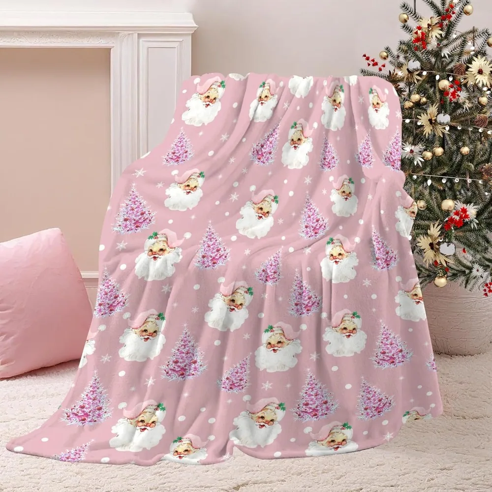 Soft Plush Christmas Blanket,Cute Santa Claus Pink Christmas Tree Snowflake Warm Throw Blanket for Couch