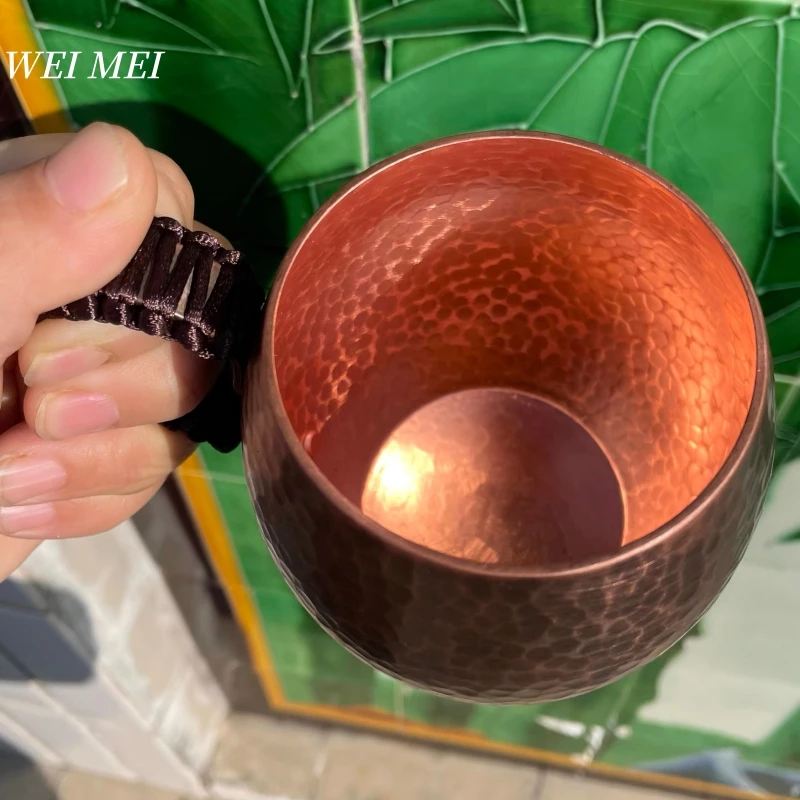 Vintage Pure Copper Coffee Mug,Camping With lid Breakfast Cup,Handcrafted Carving Hammer Texture Woven Gift Tea Mug Tableware view 3