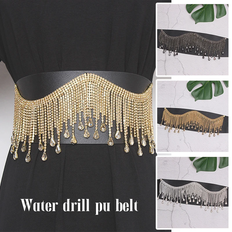 

Rhinestone Tassel PU Leather Wide Waist Belt Women Fashion Dress Elastic Belt Female Coat Corsets Waistband Cummerbund Decor