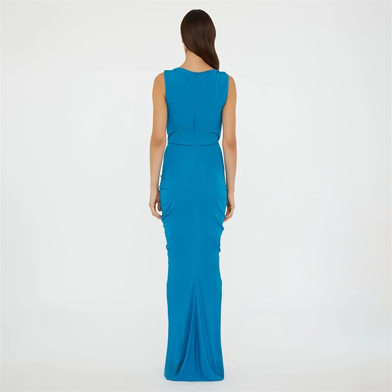 Robe drapée sans manches Turquoise avec découpe à la taille, robe de bal élégante et ajustée pour femmes, cadeau d'anniversaire de mariage