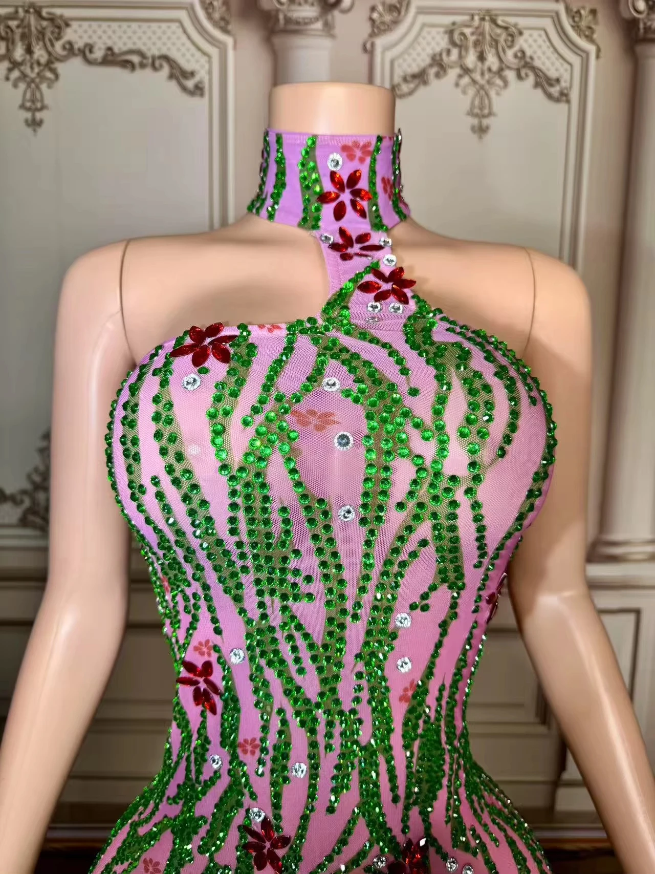 

ZD Halter Rhinestone Outfits Sleeveless Summer Evening Color Blocking Dress Sexy Mini See Through Dress