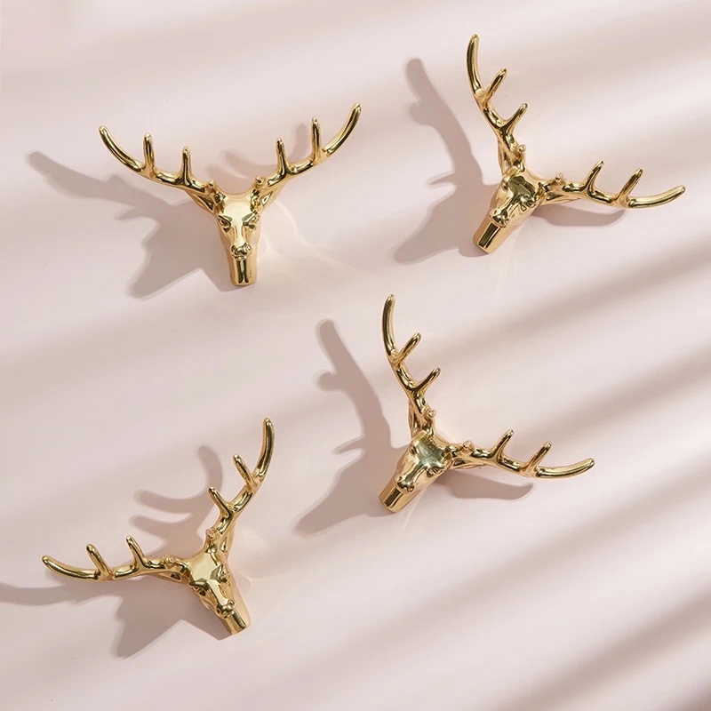 Modern Wall Hanging  Golden Elk Robe Hook Pure Copper  Deer Head Antlers for Hanging Clothes Hat Scarf Key and  Wall Decoration