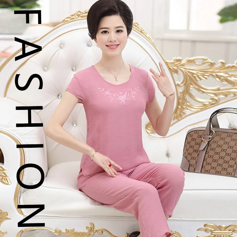 

Mom summer women's short-sleeved cropped pants two-piece set summer thin in the elderly casual loungewear wear new