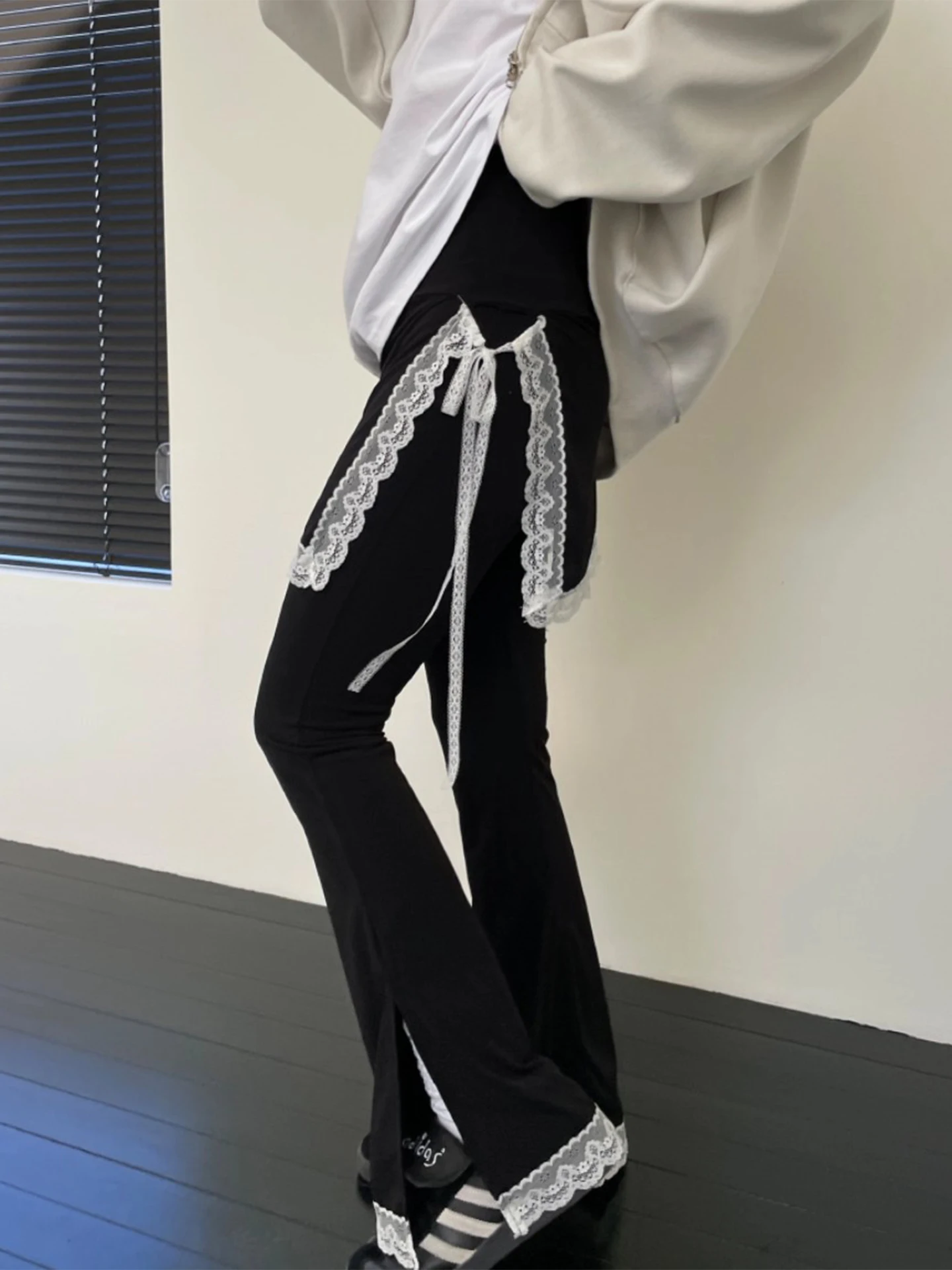 

Gagarich 2026 Korean Patchwork Irregular Lace Casual Pants Women Autumn Winter Vacation Two-piece Micro Flared Long Pants