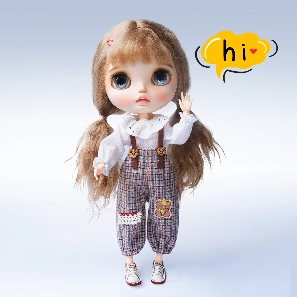 Blyth Clothing Casual Plaid Overalls Jumpsuits Pants Long Sleeve Lapel Shirts for Ymy Licca Azones Ob22 24 Ob27 Doll Accessories