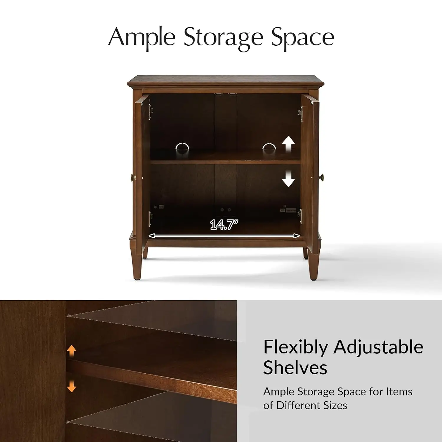 Storage Cabinet with Adjustable Shelf 2-Door Sideboard Solid Wood Legs Vintage Metal Handles Matte Walnut Finish, Customized