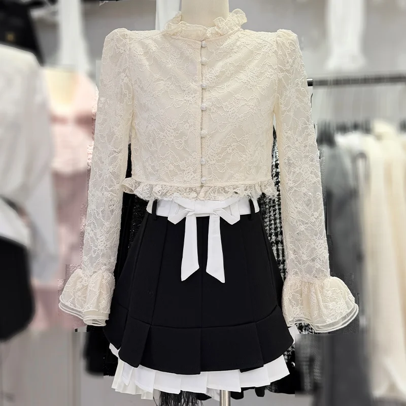 

Romantic Faionable ort Stand Collar Lace Trim irt Chic Spring New Arrival French Sle Women's Premium Quali Blouse