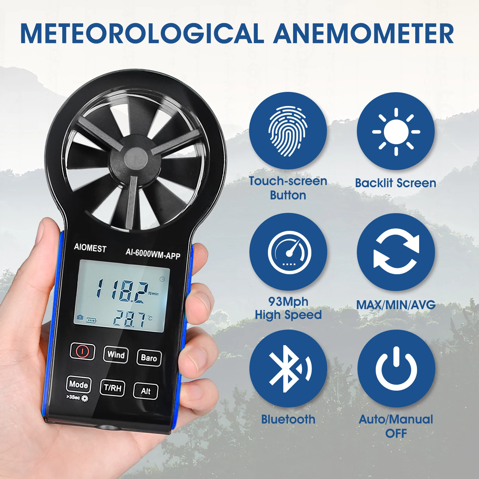 Handheld Wind Speed Meter Bluetooth Anemometer with Atmospheric Pressure, Temperature, RH, Dew Point, and Wind Chill Measure