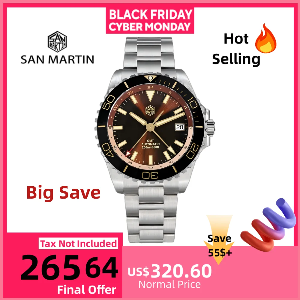 

San Martin 39mm Retro Enamel Sunray Dark Brown Dial Men Automatic NH34 GMT Watch 20Bar Wristwatch SLN C3 Green Lume Dive SN0136