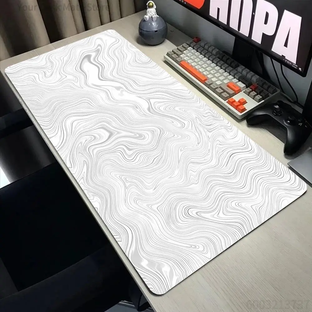 

1PC Minimal White Topographic Wave Print Large Lock Edge Non-Slip Rubber Desk Mat for Gaming Office