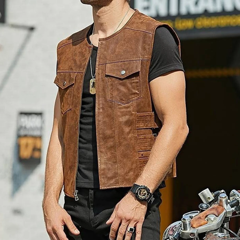 Stylish Biker Faux Leather Waistcoat for Men  Motorcycle Cut Vest in Black  Various Club Pockets for Convenience