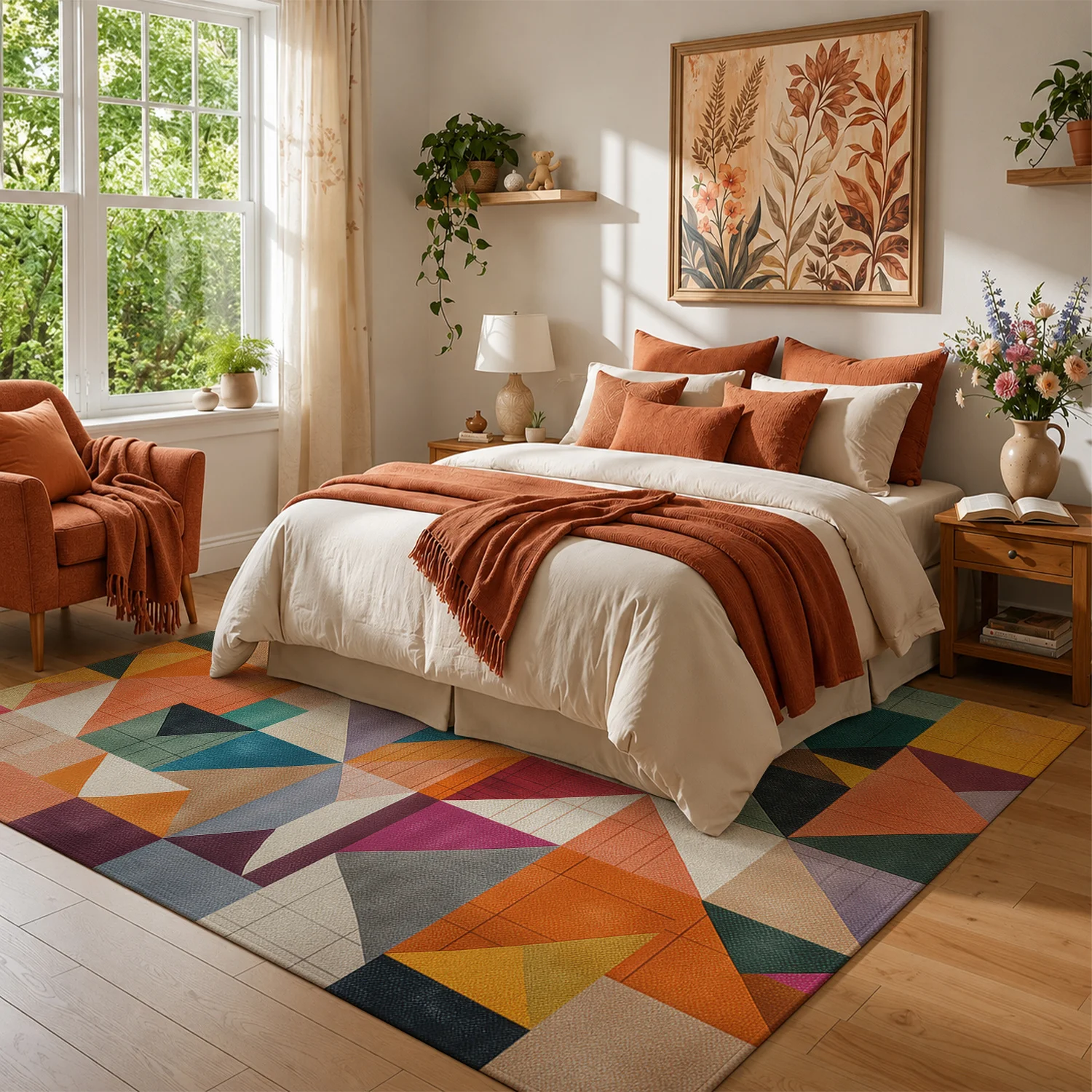 Large Indoor Area Rug, Soft Velvet Low Pile with Non-Slip Dotted Backing, Machine Washable, Mid-Century Modern Geometric Triangle Pattern in Warm Multicolor, Ideal for Living Room, Bedroom, Contemporary Home Decor
