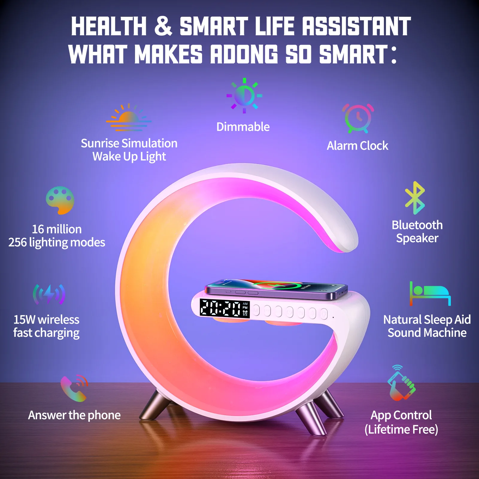 Smart LED Wake Up Night Light LED RGB Atmosphere Desk Lamp Smart Multifunctional Wireless Charger Alarm Clock Bluetooth