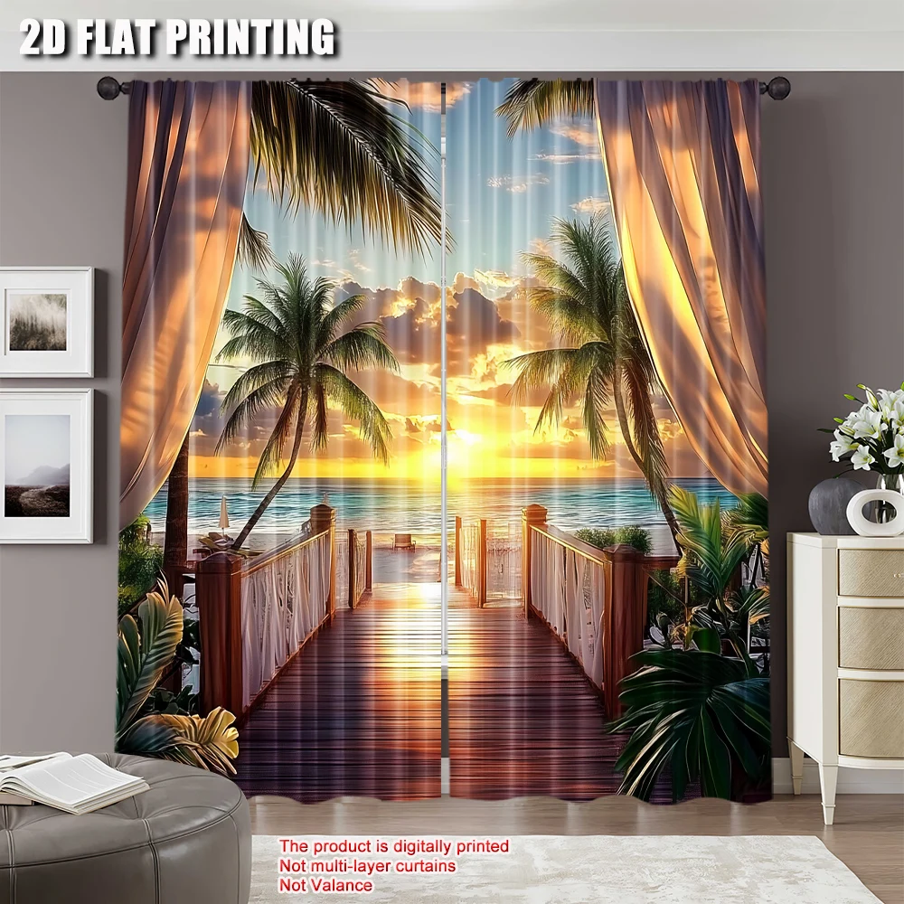 2Pcs Tropical Seaside Photography Balcony Wood Bridge Theme Wedding Birthday Curtains Wide For Bedroom Living Room Dorm A