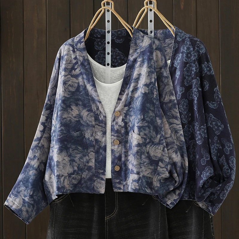 Double-Sided Wear Loose Batwing Sleeve Printed Jacket Casual Slimming Women's Top Autumn Fashion Retro Style Cotton Blend Fabric