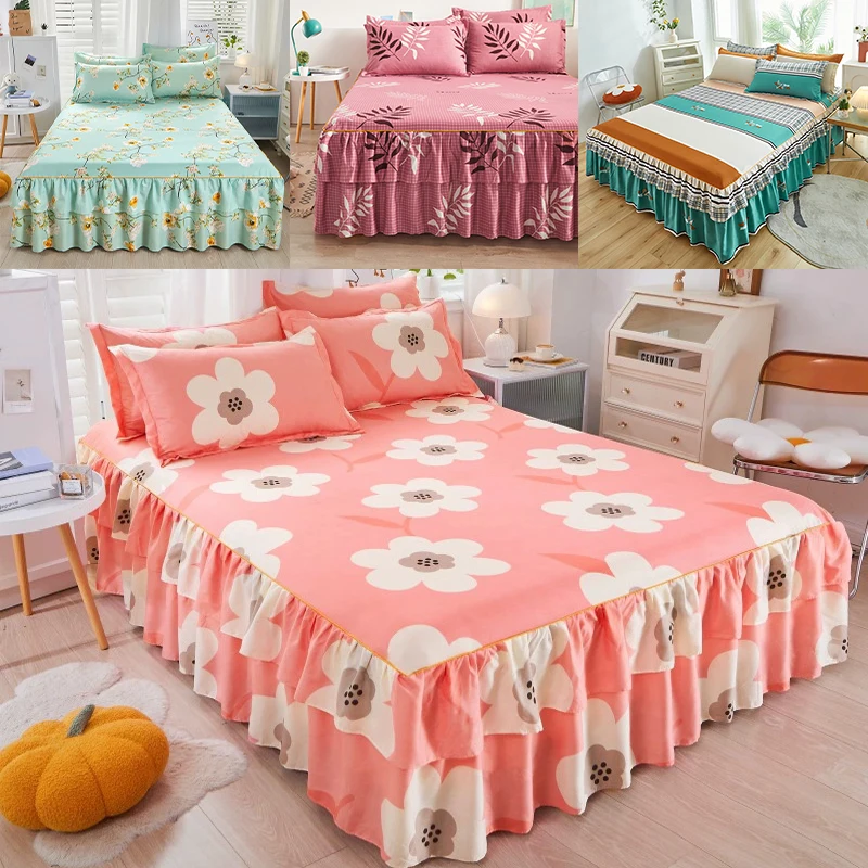 3 unids/set dormitorio falda de cama Floral colcha a prueba de polvo ropa de cama para estudiantes Protector de colchón decoración del hogar