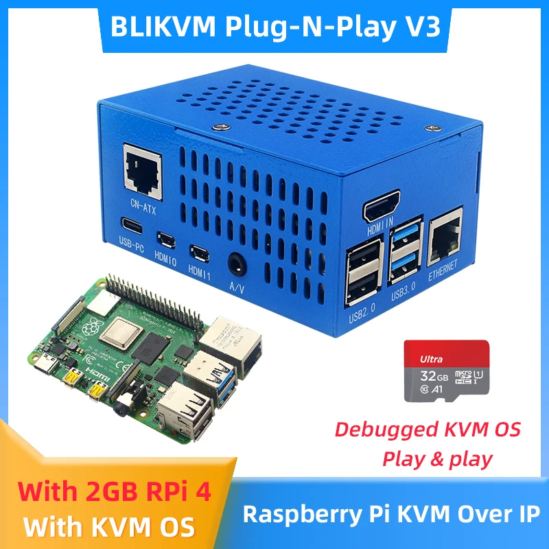 Raspberry Pi BLIKVM Plug-N-Play V3 with Pi 4 2GB Board Debugged KVM System KVM Over IP HDMI-compatible CSI LED Display RTC PoE