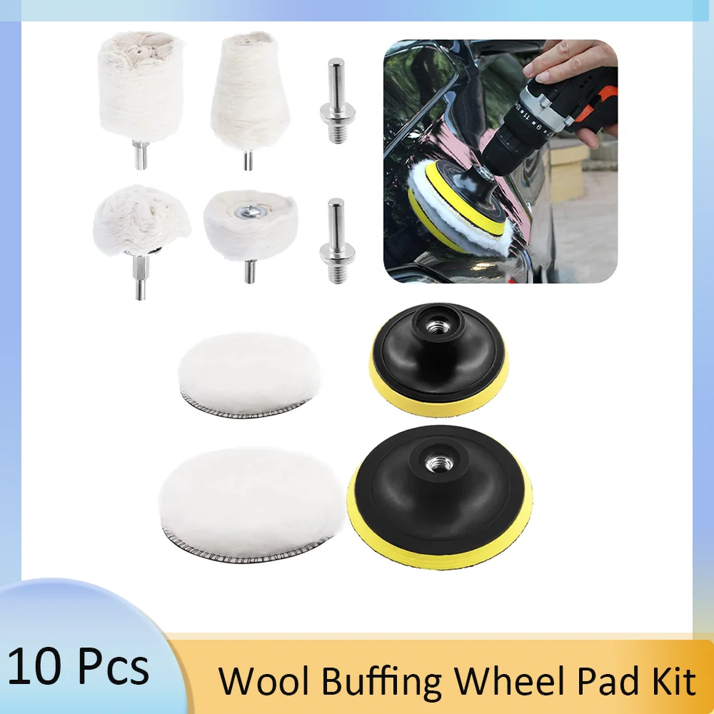 10 Pcs Wool Buffing Wheel Pad Kit 3 Inch & 5 Inch Microfiber Pads Includes Cotton Polishing Pad for Car Polishing and Buffing