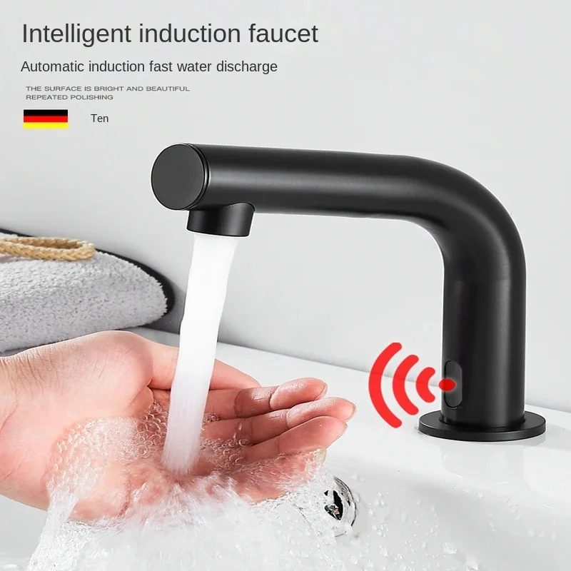 Zwarte Sensor Bassin Kraan Automatische Wastafel Kraan Met Warme Koude Mixer Touchless Gootsteen Kraan Voor Moderne Badkamers