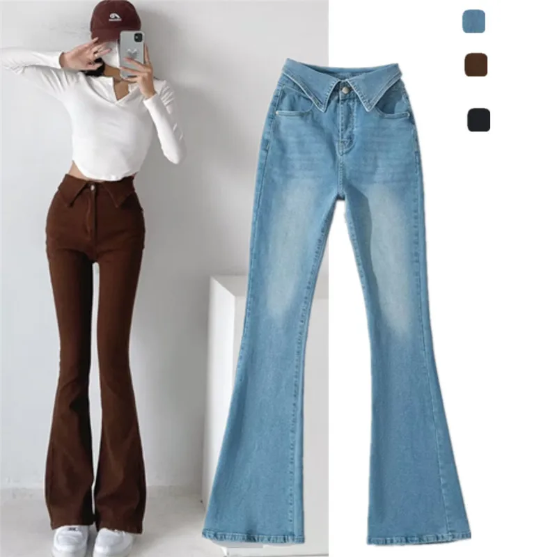 Hoge taille afslankende wijde pijpen jeans Dames volledige lengte casual broek Hoge taille Taille-effect Slepen Bot Street Sle