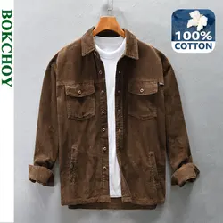 Camisa de veludo multi bolso masculina, top de algodão puro, verde escuro, café, vintage, confortável, macia, casual, outono, inverno, nova, AZ752