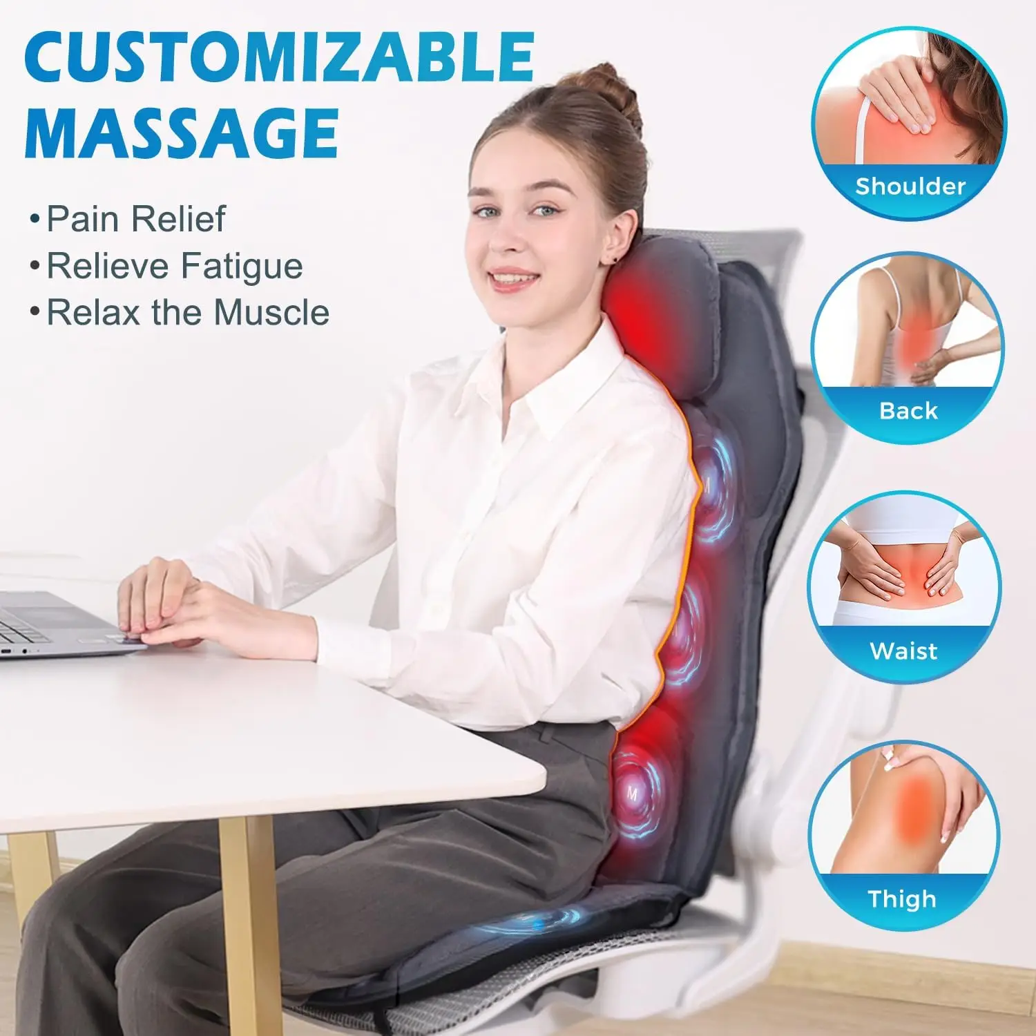 Back Massager with Heat, Full Body Massage Pad with Pillow Neck Support, Soft Plush Fabric Cover, Chair Massager with 3D Lumbar