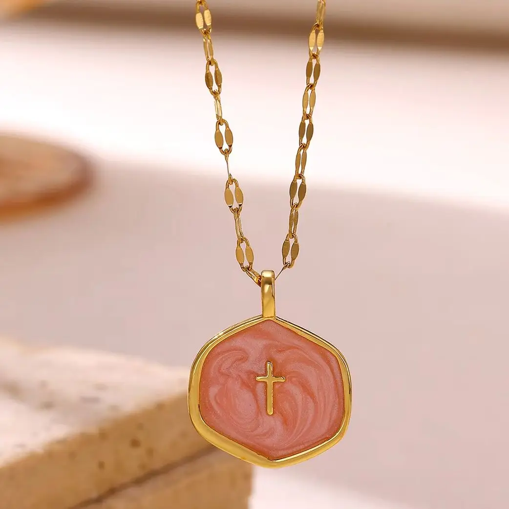 Punk Pink Drip Oil Cross Pendant Necklace for Women Geometric Stainless Steel Lip Chain Fashion Party Jewerly Gifts