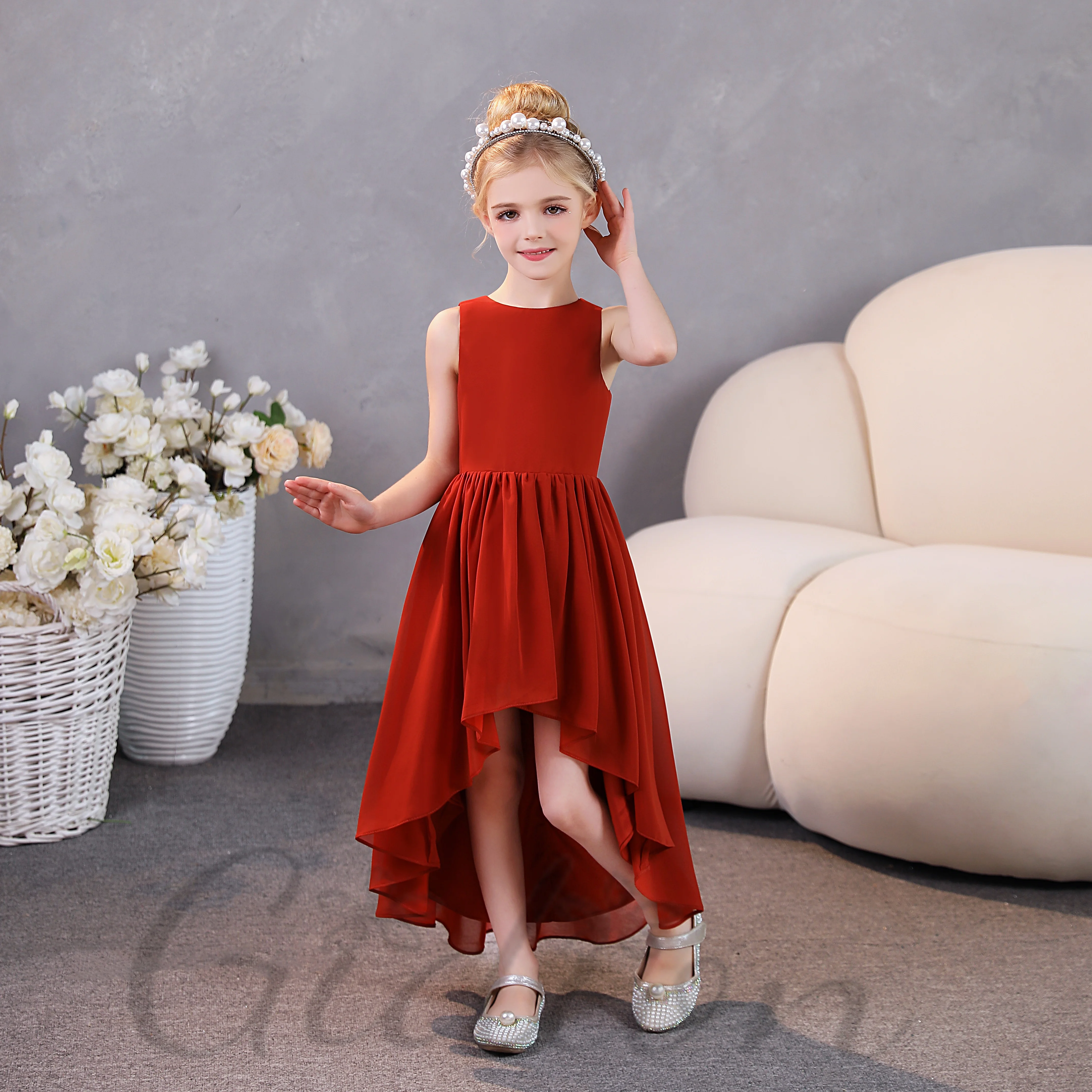 High-Low Chiffon Junior Bruidsmeisje Jurk Voor Kinderen Bruiloft Verjaardagsfeest Banket Feestvreugde Optocht Bal Evenement