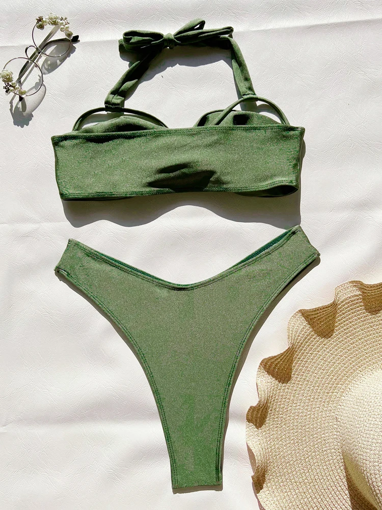 VigoCasey 2025 Sexy Green Halter Stroje kąpielowe Kobiety Cross Push Up Hollow Bikini Backless Strój kąpielowy plażowy Stringi z wysokim stanem