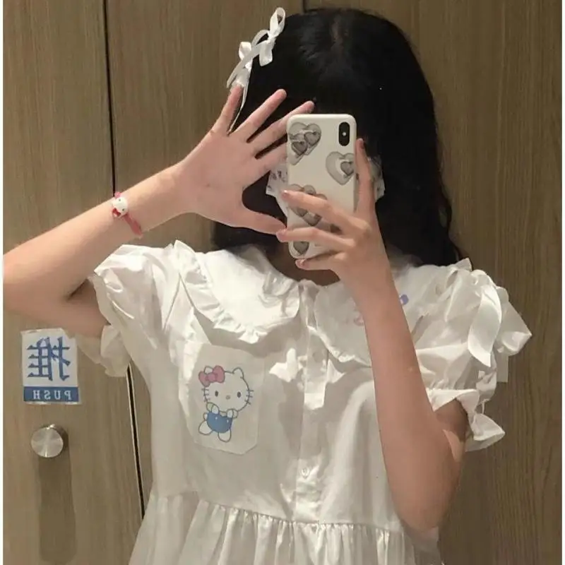 

Sanrio Hello Kitty аниме белое платье женское летнее платье с пышными рукавами и оборками в консервативном стиле Kawaii милые платья миди с воротником феи