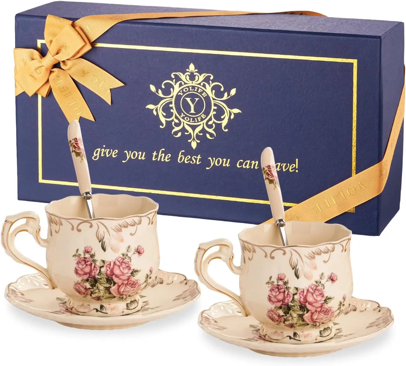 

Tea Cups and Saucers Set of 2, Vintage Ceramic Tea Cups Set Floral and Gold Leaves Trim Design - 8 oz (Pink Rose with G