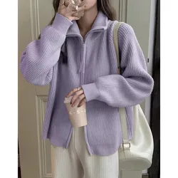 Purple Knitted Cardigan Coat Spring and Autumn 2026 New Thickened Lapel Sweater For Women Double Zipper Pink Blue Sweater Female