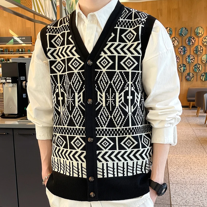 Men's Fashion Knitted Vest V-neck Button Down Sleeveless Jacket Mens Y2K Clothes Spring Autumn Trendy Casual Vests