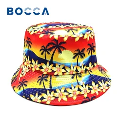 Bocca Hawaii Pattern Bucket Hat Cartoon Coconut Trees Printing Fisherman Hats Double Sides Panama Cap Beach Travel Outdoor Caps