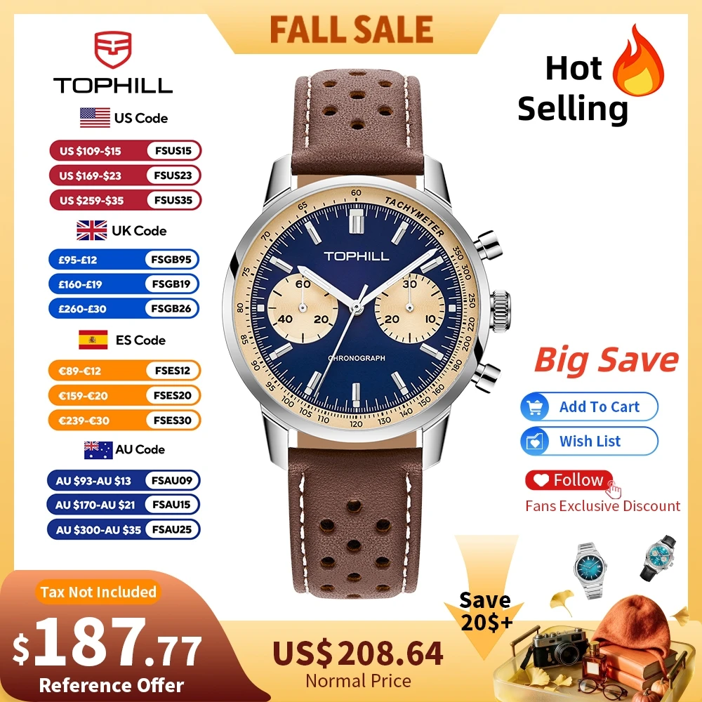TOPHILL Vintage Racing Chronograph Men’s Mechanical Watch ST1901 Seagull Movt. Pilot Military Leather Strap Sapphire 5ATM TL027G