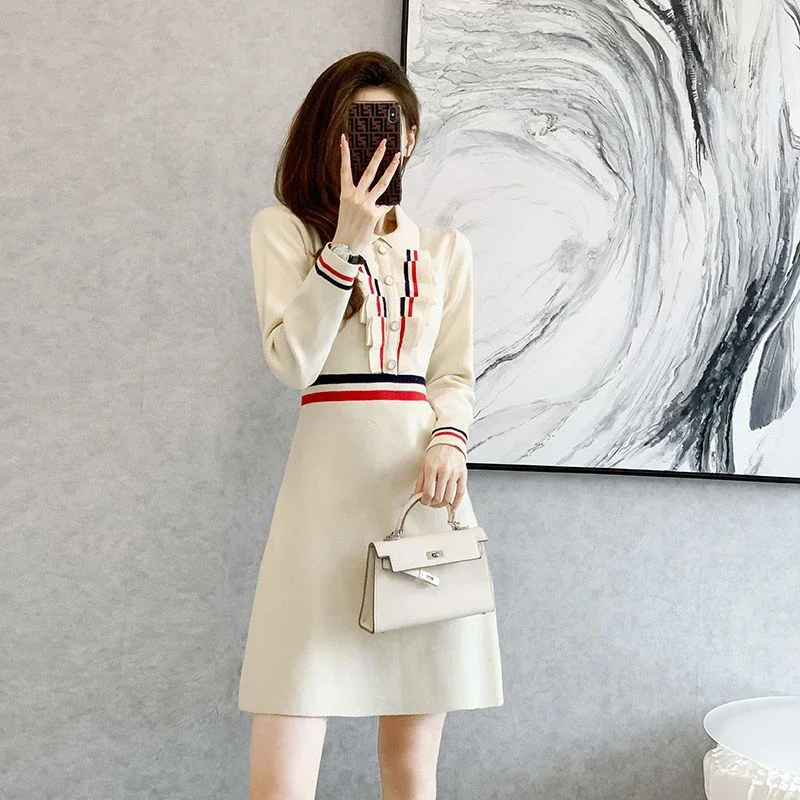 

Autumn Winter New Elegant Fashion Patchwork Knitting A-line Dress Female Long Sleeve Waist Mini Robe Women Temperament U543