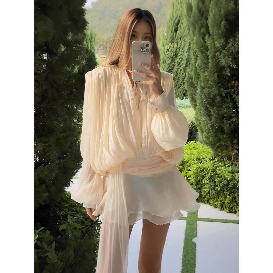

Spring Summer ort Skirt Women's Faion Bubble Sve Me Pleated High Waist A-Line Cake Skirt Cleanfit PVC Fabric Silk Li...