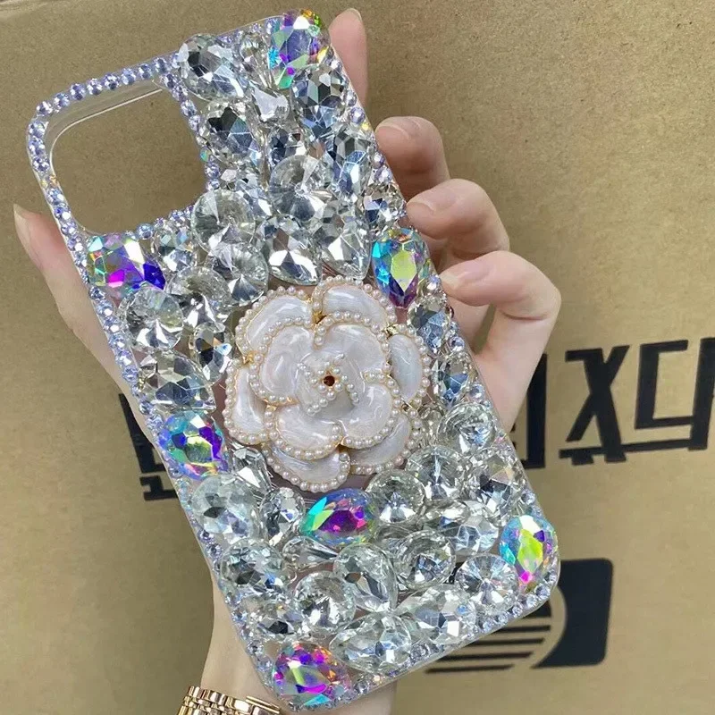 

Luxury Anti-Scratch Bling Flowers Rhinestone Diamond Phone Case, Glitter Cover for iPhone 16, 15 Pro, 16Plus, Max XR, 13, 14