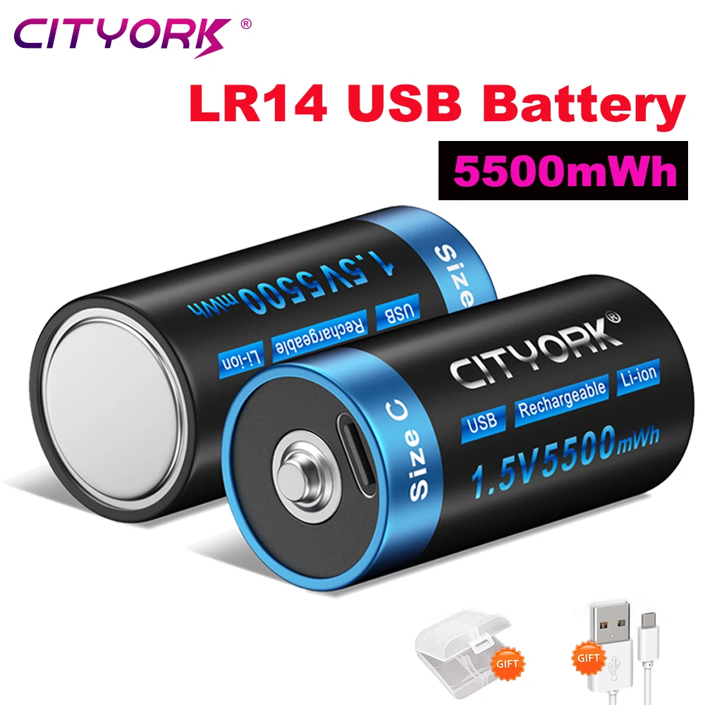 CITYORK 1,5V LR14 R14 Wiederaufladbare Batterien C-Größe Li-Ion LR14 USB-Aufladung 5500mWh Akku für Wassererhitzer Taschenlampen Gasherd C-Zelle C-Typ