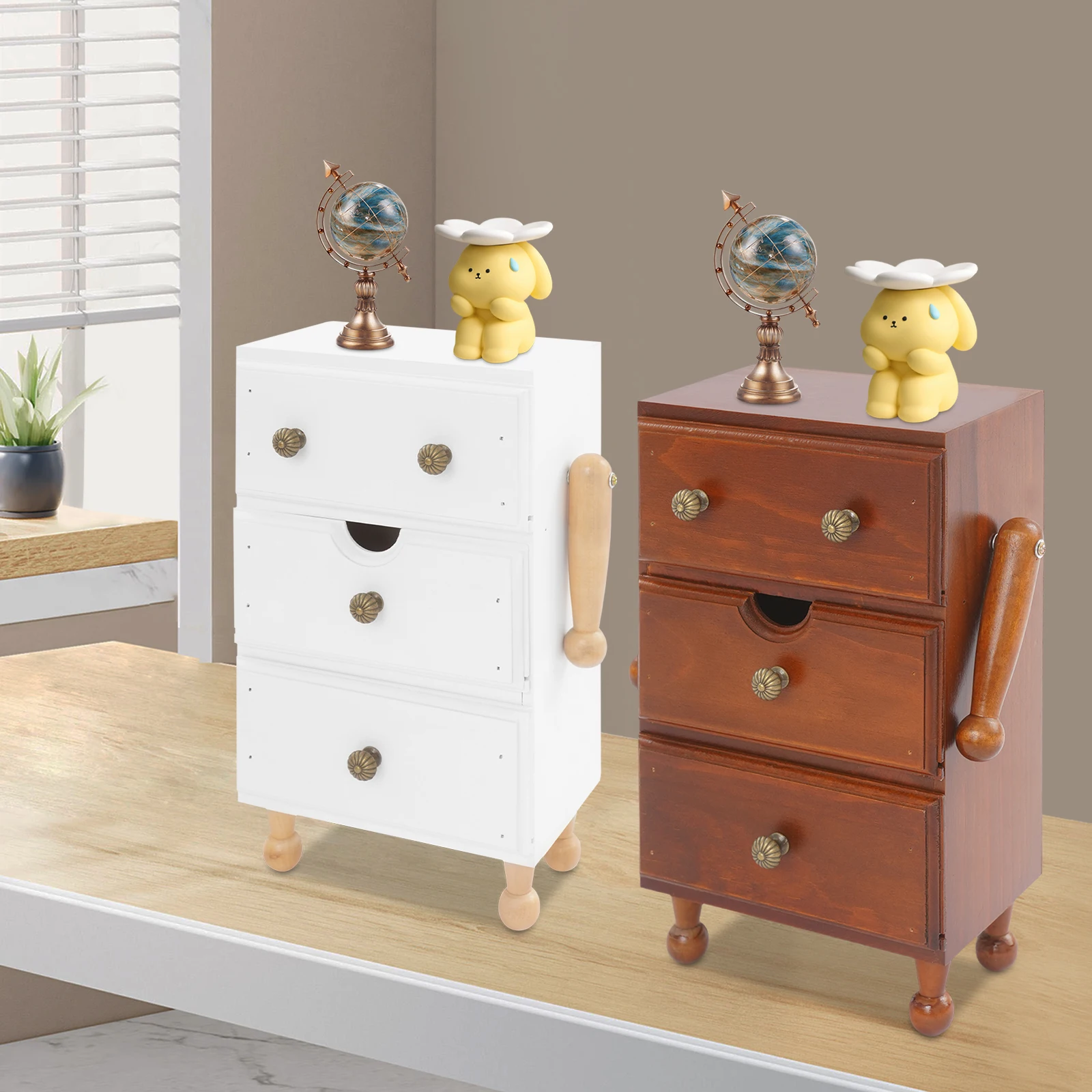 3-Tier Storage Cabinet,Space-Saving Pine Wood Compact Cabinet with 3 Drawers& Adjustable Shelves,Vintage Design for Small Spaces